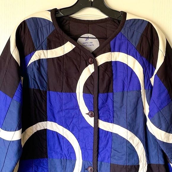 Haptic Lab Snake Path Quilt Coat Organic Cotton Blue Black Large EUC - Picture 4 of 10
